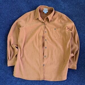 Vintage Joanna Shirt Womens M Petite Orange Velvet Stretch Long Sleeve Button Up